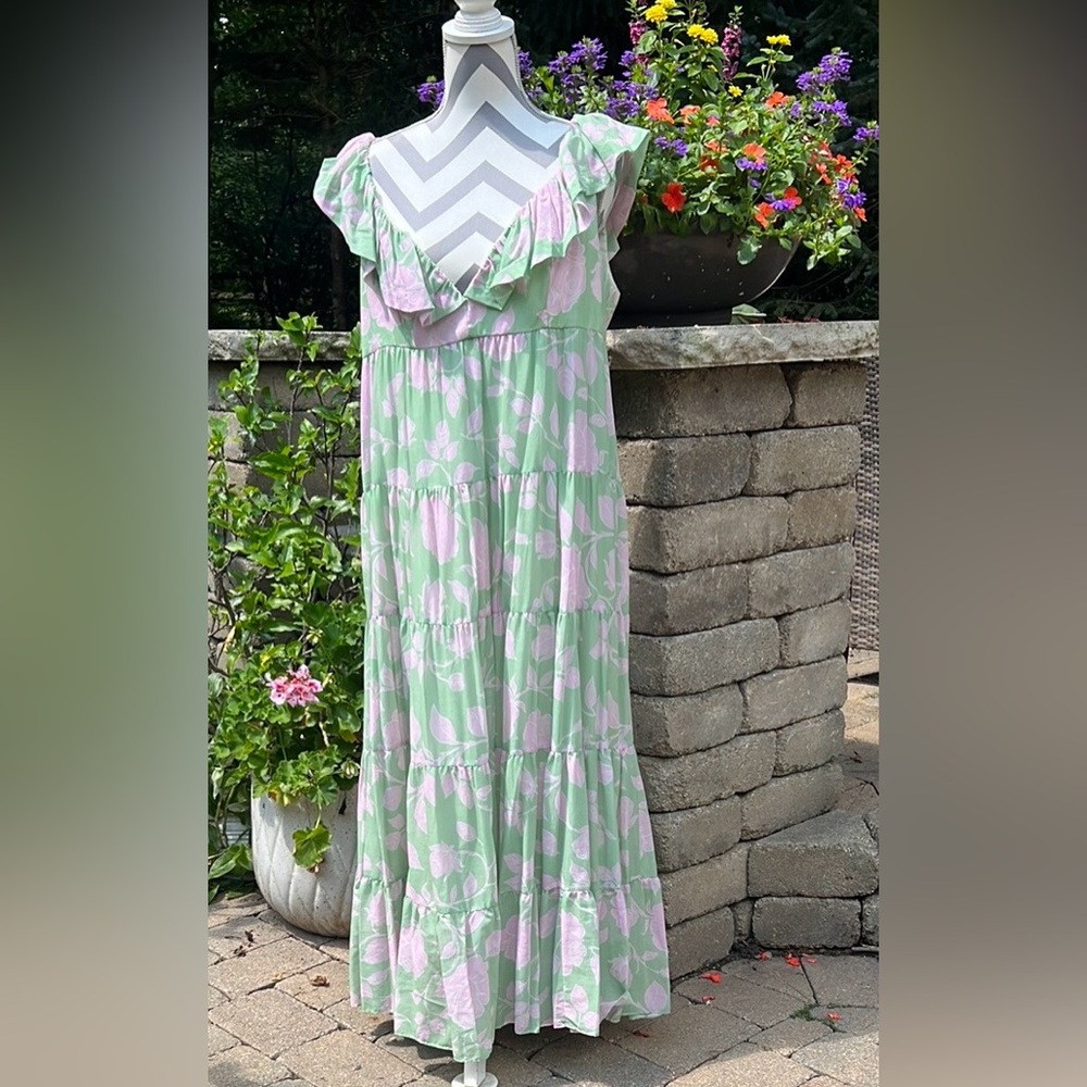 Dillards brand Antonio Melani new Soft Floral Maxi Dress in Green and Pink